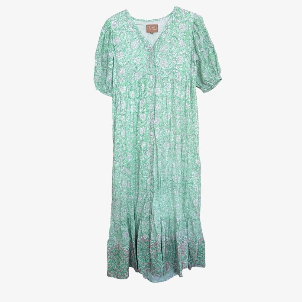 Clara The Label Women’s Cotton Boho Floral Print Short Sleeve Maxi Dress Green S